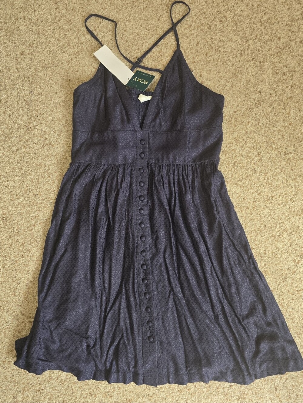 Roxy Button-Front Sundress with Spaghetti Straps - Navy, size Small